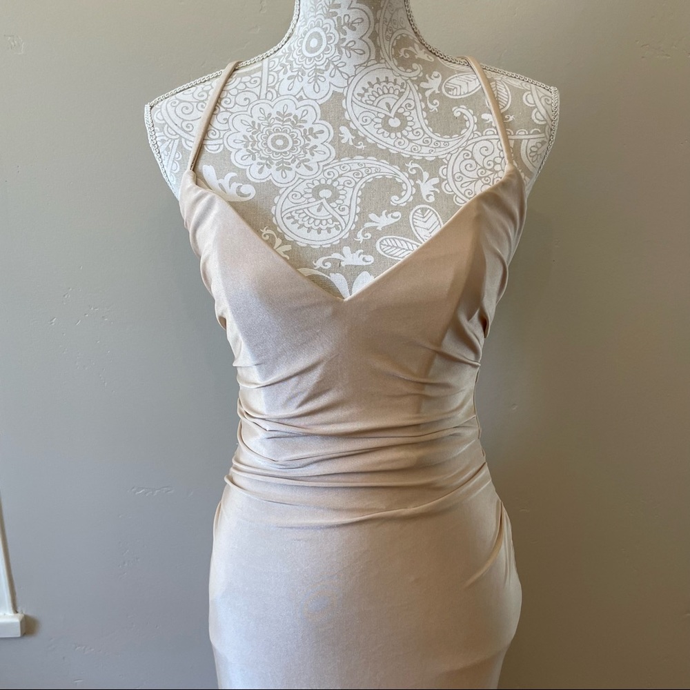 La Femme Cross Back Satin Jersey Trumpet Strappy Back Maxi Dress 4 Nude Beige - Picture 5 of 12